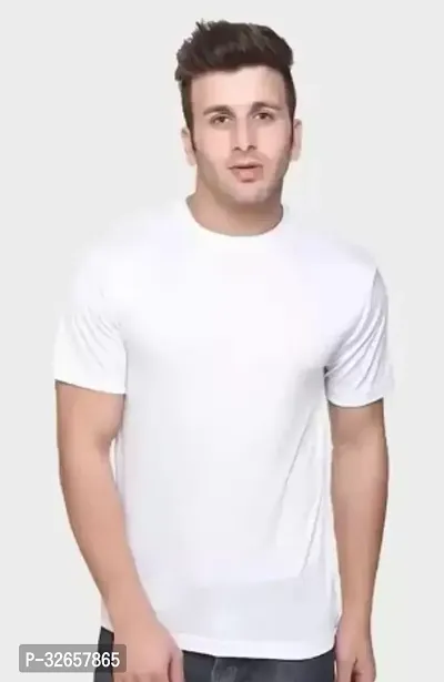 Stylish White Polyester Blend Solid Round Neck Tees For Men-thumb0