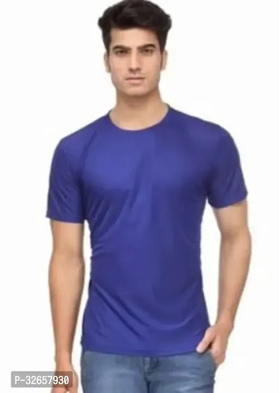 Stylish Blue Polyester Blend Solid Round Neck Tees For Men-thumb0