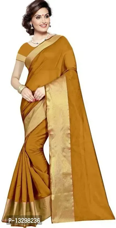 Stylish Silk Cotton Golden Striped Saree With Blouse Piece-thumb0