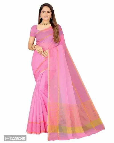 Stylish Silk Cotton Pink Striped Saree With Blouse Piece