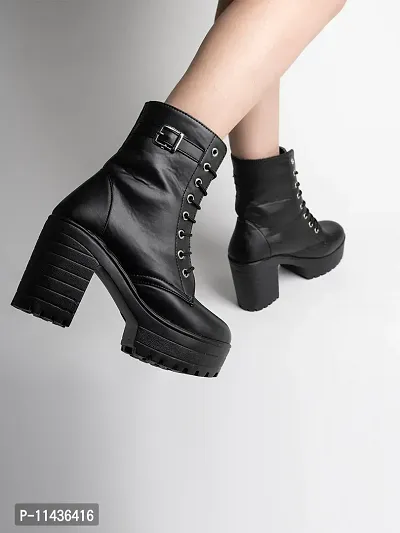 Trendy Strappy Buckle Ankle Black Boots for Women and Girls-thumb2