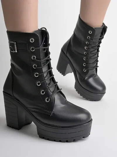 Trendy Strappy Buckle Ankle Black Boots for Women and Girls