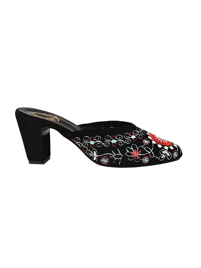 Trendy Embroidered Black Heeled Mules For Women And Girls