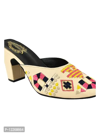 Trendy Embroidered Cream Heeled Mules For Women And Girls-thumb5