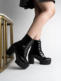 Trendy Women and Girls Lace Up Block Heeled Western Black Boots-thumb2