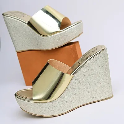 Stylish Golden Synthetic Leather Heels For Women