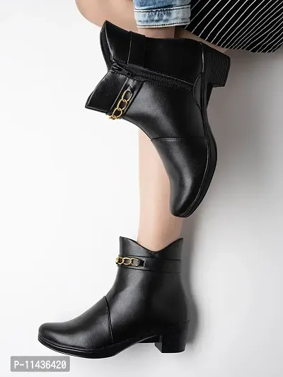 Trendy Elegant Gold Chain Detailed Black Boots For Women and Girls-thumb0