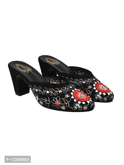 Trendy Embroidered Black Heeled Mules For Women And Girls-thumb0