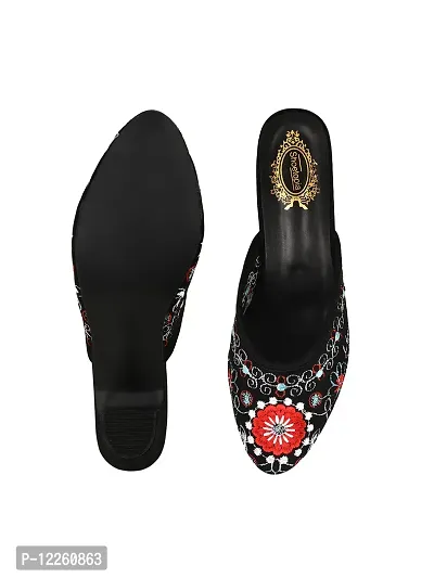 Trendy Embroidered Black Heeled Mules For Women And Girls-thumb4