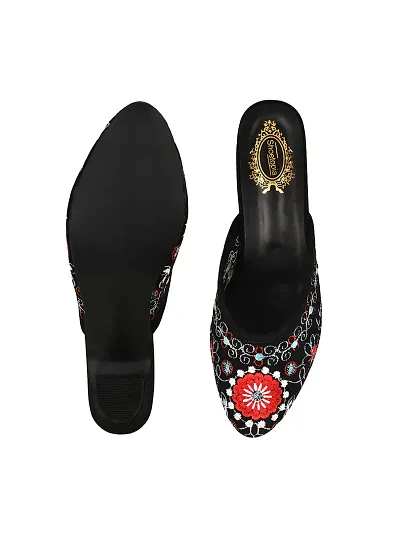 Trendy Embroidered Black Heeled Mules For Women And Girls