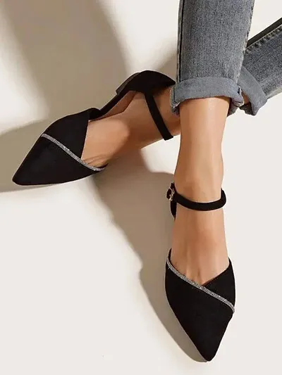 Trendy Rhinestone Decor Point Toe Ankle Strap Black Ballet Flats