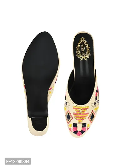 Trendy Embroidered Cream Heeled Mules For Women And Girls-thumb4