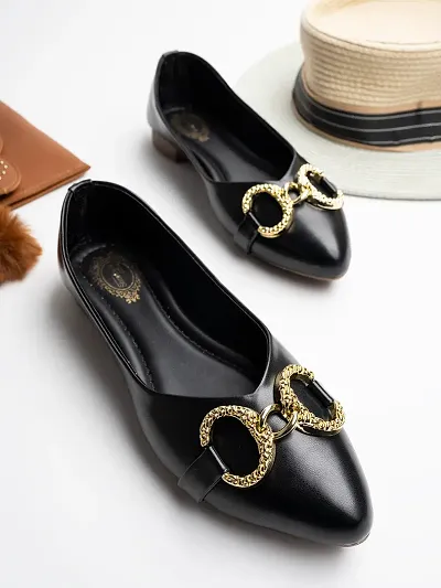 Trendy Pointed-Toe Chunky Chain-Link Black Ballerinas For Women and Girls
