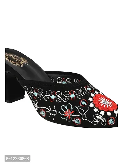 Trendy Embroidered Black Heeled Mules For Women And Girls-thumb5