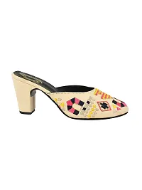 Trendy Embroidered Cream Heeled Mules For Women And Girls-thumb2