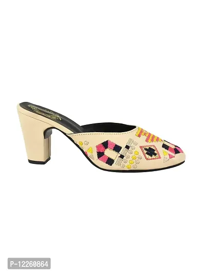 Trendy Embroidered Cream Heeled Mules For Women And Girls-thumb3