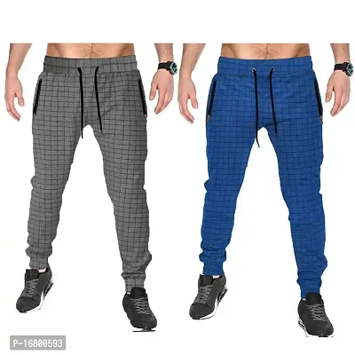 Manohunt Checked Track Pant (L, Grey, Blue)-thumb0