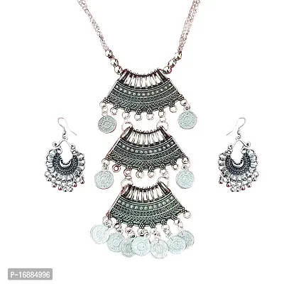 Sanverse Antique Afghani Style Oxidised Brass Long Layered Chokar Necklace with Matching Jhumka Earrings Set - Earrings  Necklace Set - Black (IMN010CoinLayer)-thumb0