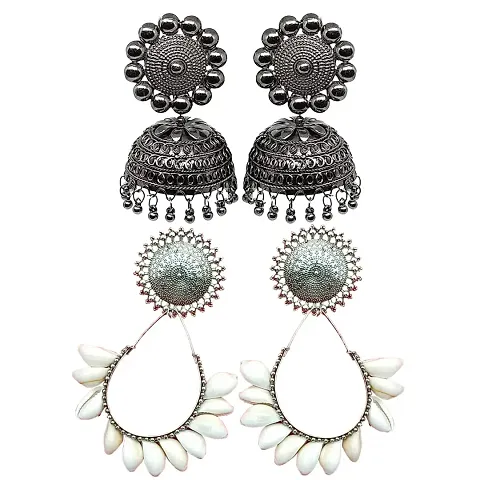 Sanverse Combo Pack of 2 Pairs Trendy Antique Traditional Designer Jhumka Stud Metal Oxidise Plating Dangle Earrings for Women and Girls - Combo of 2 Pairs