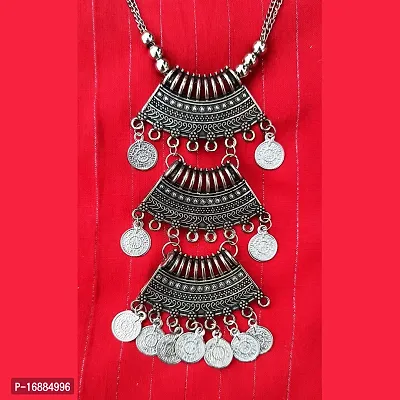 Sanverse Antique Afghani Style Oxidised Brass Long Layered Chokar Necklace with Matching Jhumka Earrings Set - Earrings  Necklace Set - Black (IMN010CoinLayer)-thumb4