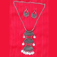 Sanverse Antique Afghani Style Oxidised Brass Long Layered Chokar Necklace with Matching Jhumka Earrings Set - Earrings  Necklace Set - Black (IMN010CoinLayer)-thumb2