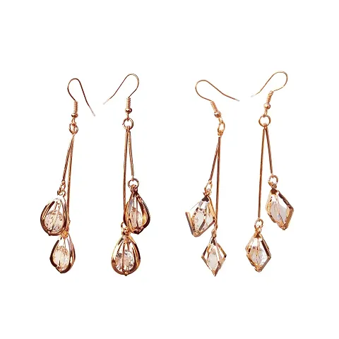 Sanverse Combo of 2 Pairs Modern Plated Drop Style Jhumka Zircon Crystal/Diamond Stud Metal Rod Earrings - 2 Pairs Set(JB-01214)