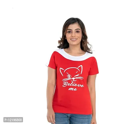 STYLE CLUB Printed Cotton Women Half Sleeve Round Neck T-Shirts // Top (Medium, RED)