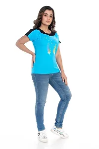 STYLE CLUB Printed Cotton Women Half Sleeve Round Neck T-Shirts // Top (Large, Blue)-thumb3