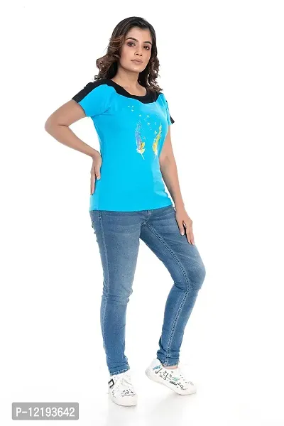 STYLE CLUB Printed Cotton Women Half Sleeve Round Neck T-Shirts // Top (Large, Blue)-thumb4
