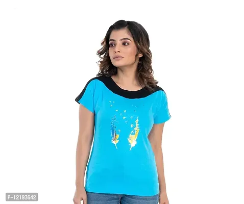 STYLE CLUB Printed Cotton Women Half Sleeve Round Neck T-Shirts // Top (Large, Blue)-thumb0