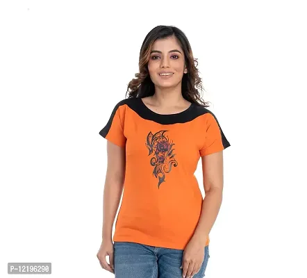 STYLE CLUB Printed Cotton Women Half Sleeve Round Neck T-Shirts // Top (Medium, Orange)