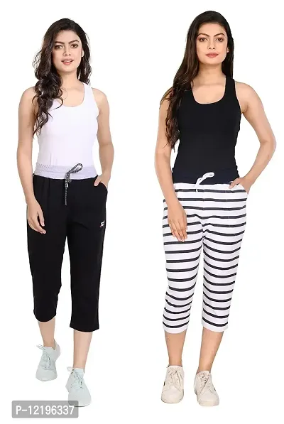 STYLE CLUB Women Black & White Nightwear Capri for Women // Lounge Capris // 3/4th Pants (Pack of 2) (XL, Black & White)