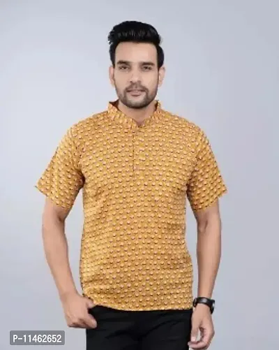 Reliable Yellow Cotton Printed Short Length Kurta For Men