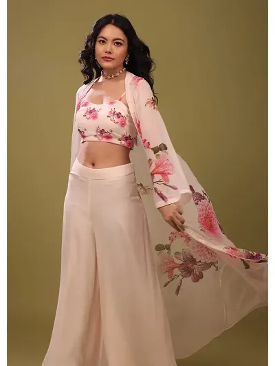 Elegant Floral Print Georgette Top with Bottom And Shrug Set For Women