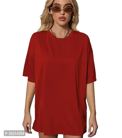 CALM DOWN Round Neck Oversized Plain T-Shirt for Women (XX-Large, Red)