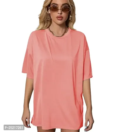 CALM DOWN Round Neck Oversized Plain T-Shirt for Women (Small, Pink)
