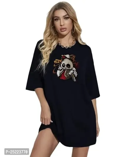 CALM DOWN Round Neck Oversized Printed T Shirt for Women (Medium, Navyblue)