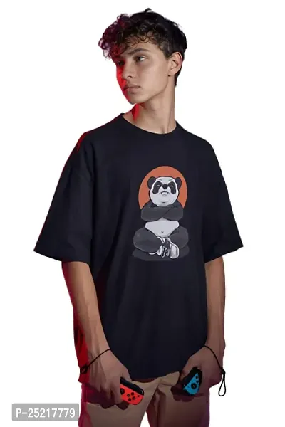 Calm Down Round Neck Oversized Printed WPanda Tshirt for Men (Medium, Black)-thumb5