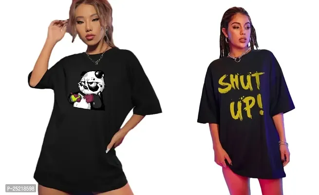CALM DOWN Round Neck Oversized Printed T-Shirt for Women (XX-Large, Panda-ShutUp)-thumb0