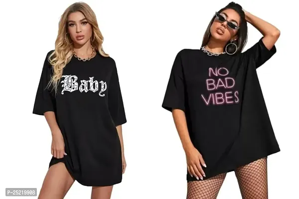 CALM DOWN Round Neck Oversized Printed T-Shirt for Women (Medium, Baby-NBV)