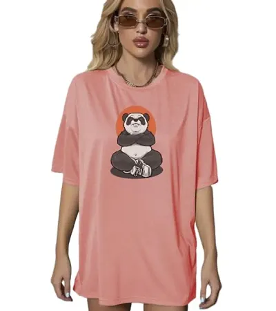 CALM DOWN Round Neck Oversized Printed Pandablack T-Shirt for Women