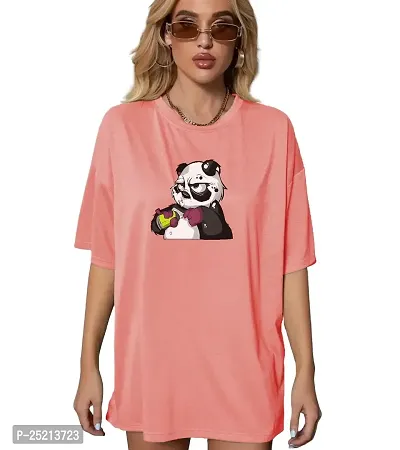 CALM DOWN Round Neck Oversized Printed T-Shirt for Women (Small, Pink)
