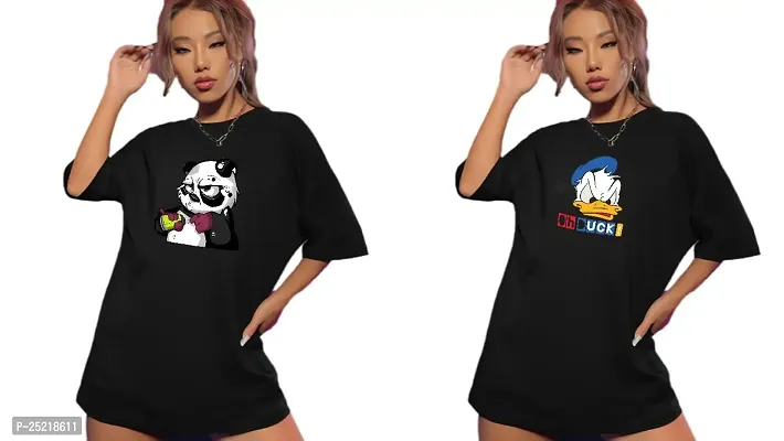 CALM DOWN Round Neck Oversized Printed T-Shirt for Women (Medium, Panda-Ohduck)