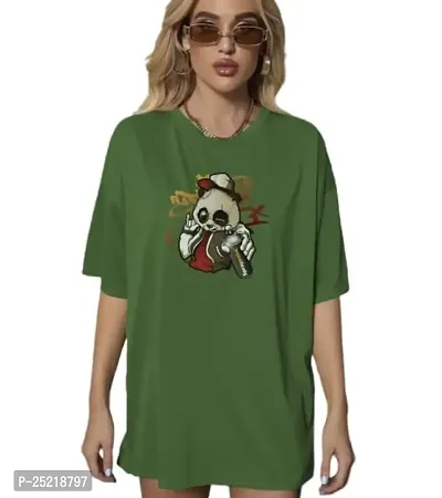 CALM DOWN Round Neck Oversized Printed T Shirt for Women (Small, Green)