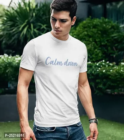 CALM DOWN Round Neck Half Sleeve Printed CDBlue T-Shirt for Men (Medium, White)-thumb3