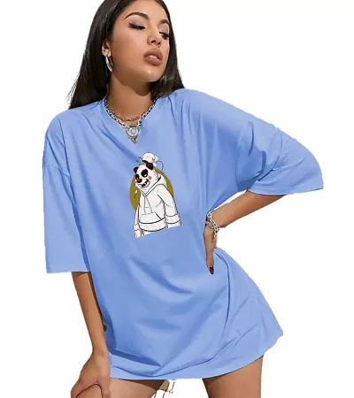 CALM DOWN Round Neck Oversized Printed Wpanda T-Shirt for Women