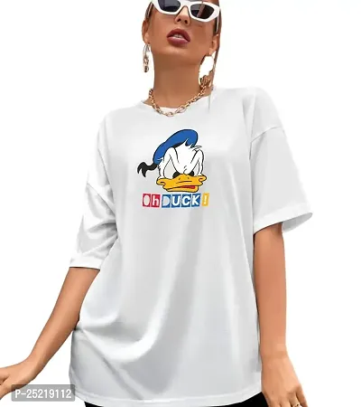 CALM DOWN Round Neck Oversized Printed OhDuck T-Shirt for Women (Small, White)