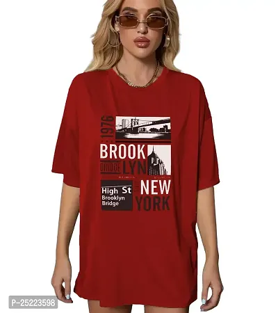 CALM DOWN Round Neck Oversized Printed Brooklyn1976 T-Shirt for Women (XX-Large, Red)