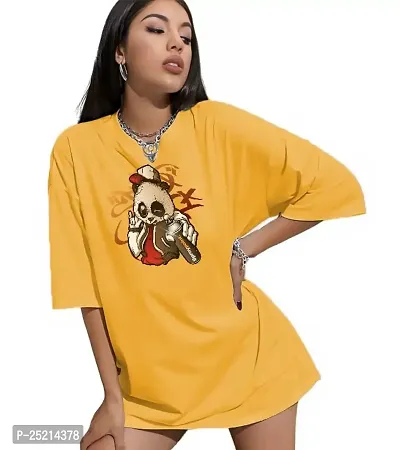 CALM DOWN Round Neck Oversized Printed T Shirt for Women (Small, Mustard)-thumb0