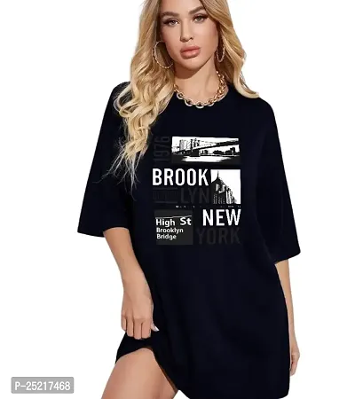 CALM DOWN Round Neck Oversized Printed Brooklyn1976 T-Shirt for Women (X-Large, Navyblue)